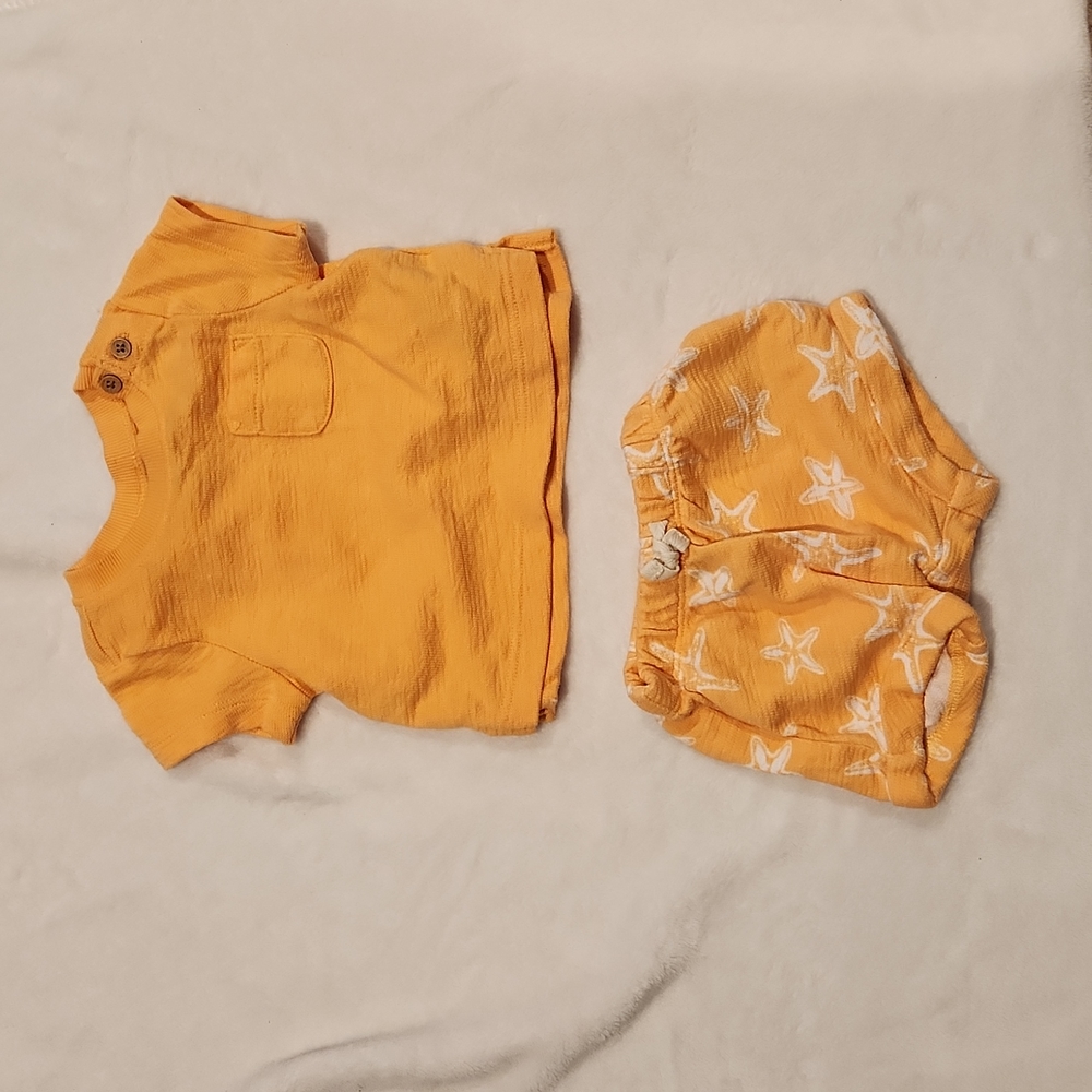 Orange t-shirt with shell shorts. Old Navy 0-3 mos.